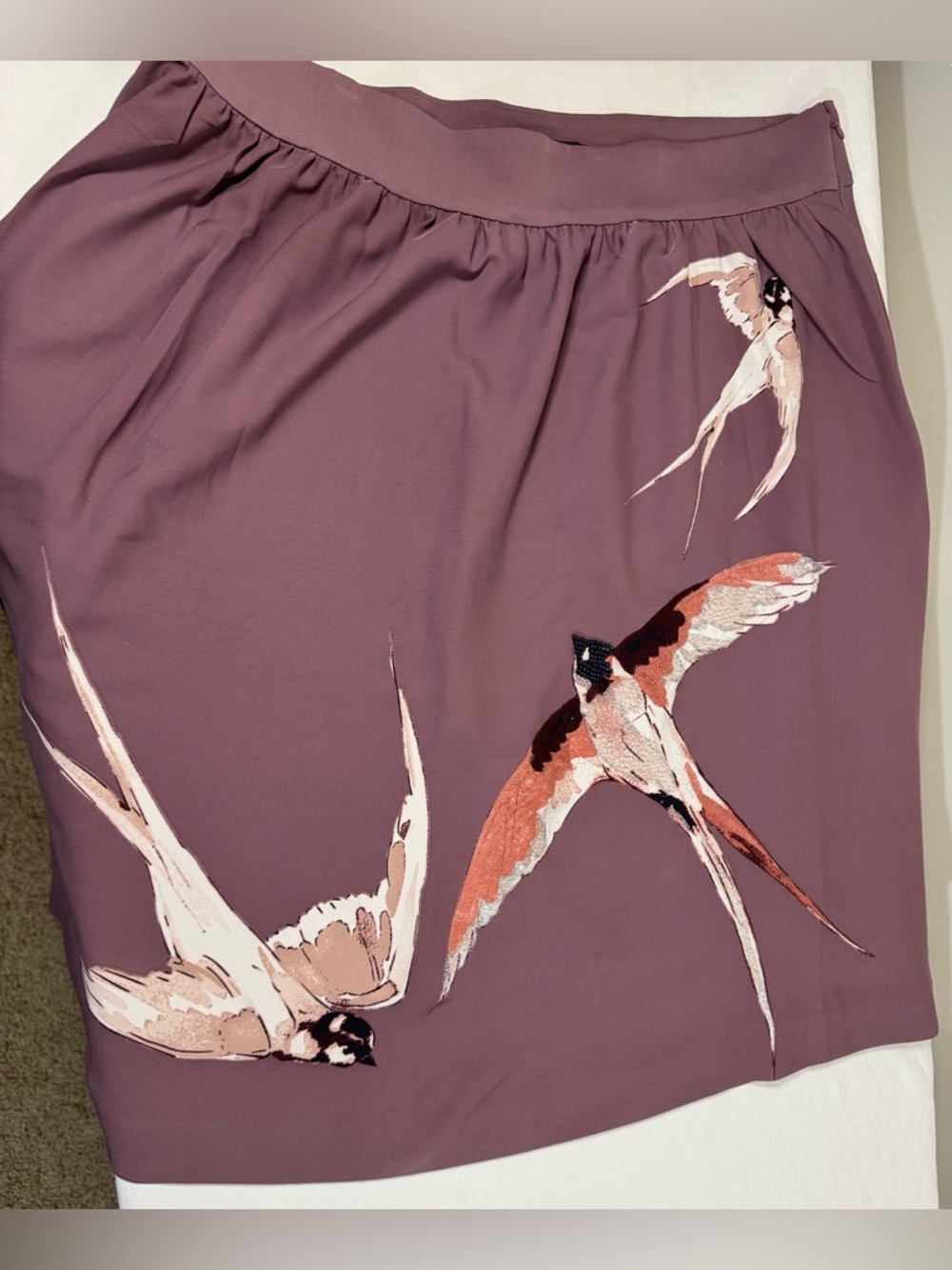 New Ann Taylor Mauve purple Floral bird Print Skirt flowy knee length
